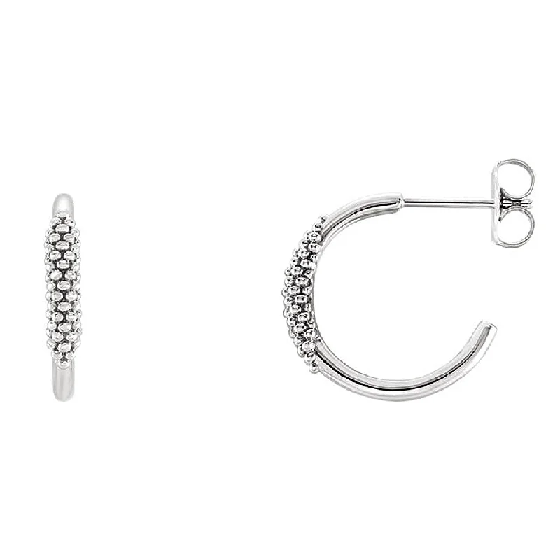 Large Silver Hoop Earrings-2.6mm x 15mm (9/16 Inch) 14k White Gold Small Beaded J-Hoop Earrings