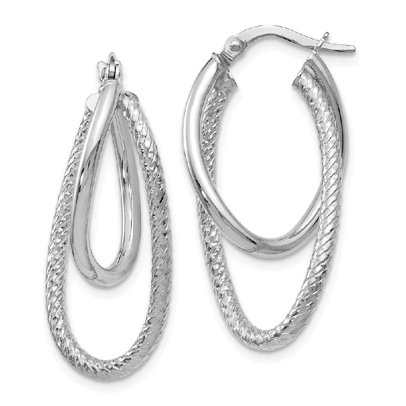 Silver and Gold Earrings-Polished and Textured 14k White Gold Bent Double Hoop Earrings, 32mm