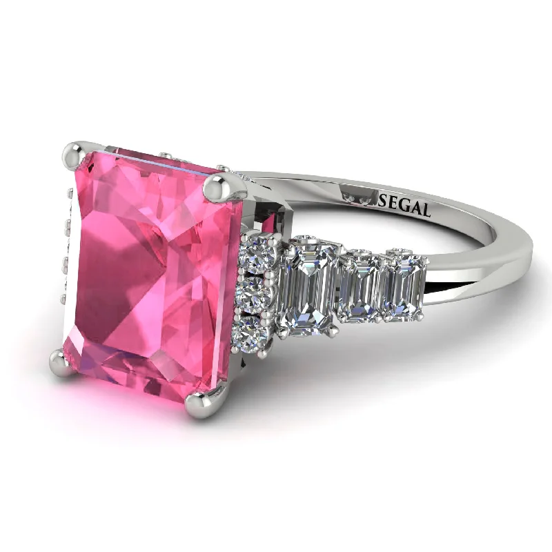 Emerald Cut Pink Moissanite Ring Hidden Round Diamonds - Sawyer No. 803