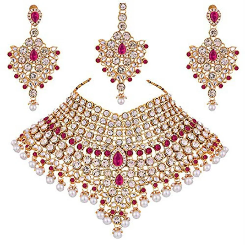 Vintage Pearl and Gold Necklace-Etnico Traditional Gold Plated Kundan Bridal Dulhan Jewellery Set for Women (IJ021Q)