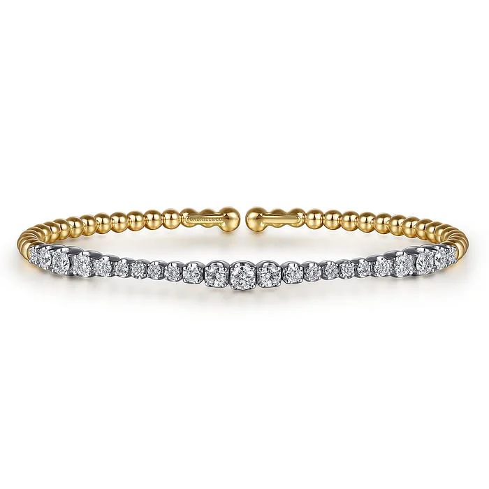 Diamond-Studded Wedding Bangles-14K White Yellow Gold Bujukan Beads and Graduating Diamond Split Bangle Bracelet