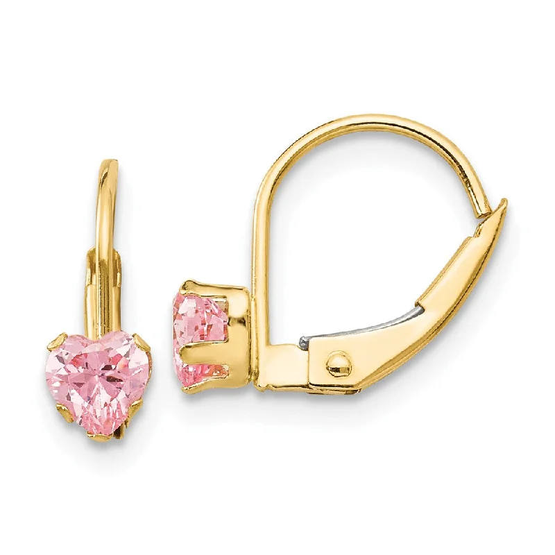 Gemstone Cluster Earrings-Kids 4mm Heart Shaped Pink Cubic Zirconia Lever Earrings in 14k Gold