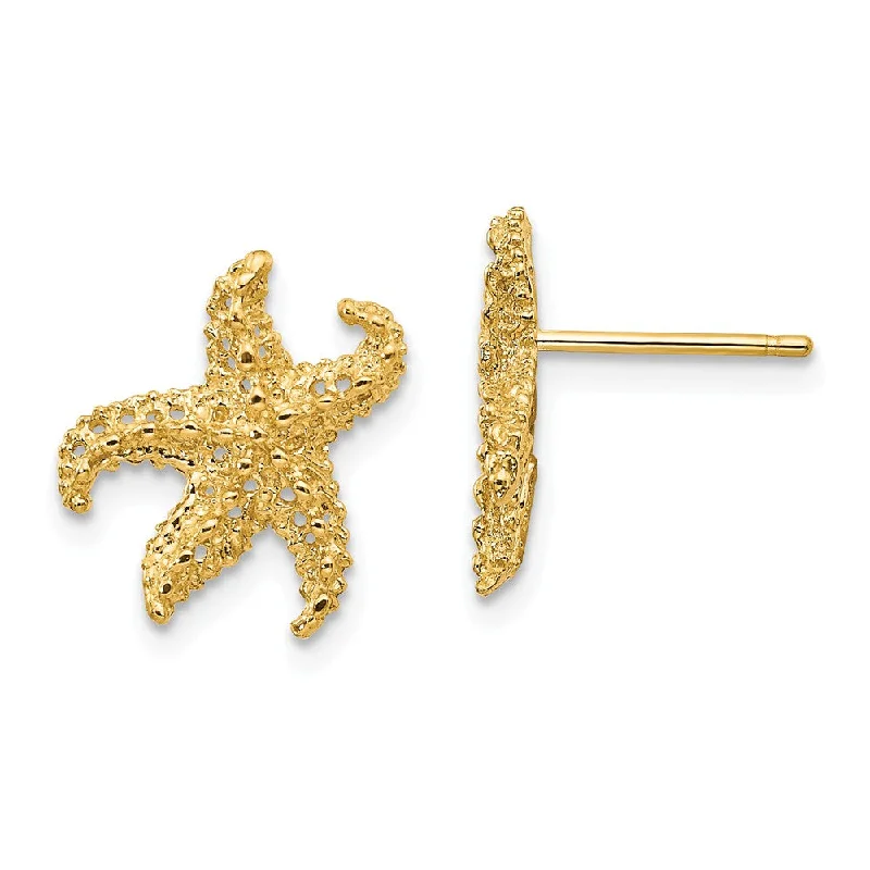 Casual Drop Earrings-13mm Textured and Cutout Starfish Post Earrings in 14k Yellow Gold