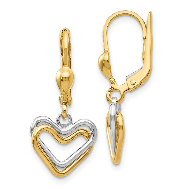 Silver Dangle Earrings-Two Tone Double Heart Lever Back Earrings in 14k Gold