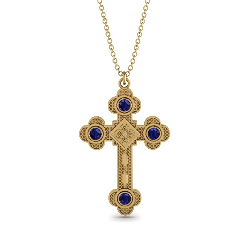 Diamond Solitaire Necklace-Ornamented Orthodox Cross Sapphire Necklace - Caden No. 13