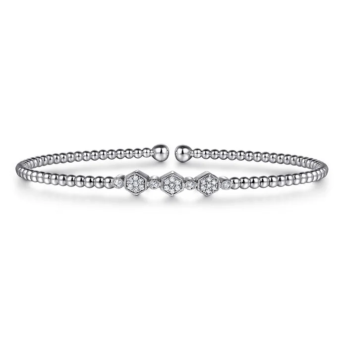 Personalized Name Bangles Set-14K White Gold Bujukan Bead and Hexagon Cluster Diamond Bangle