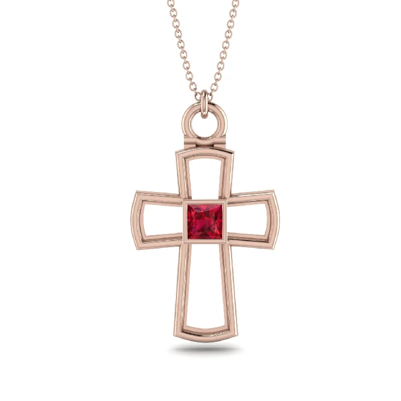 Bohemian Style Necklace-Minimalist Empty Ruby Cross Necklace - Cameron No. 11