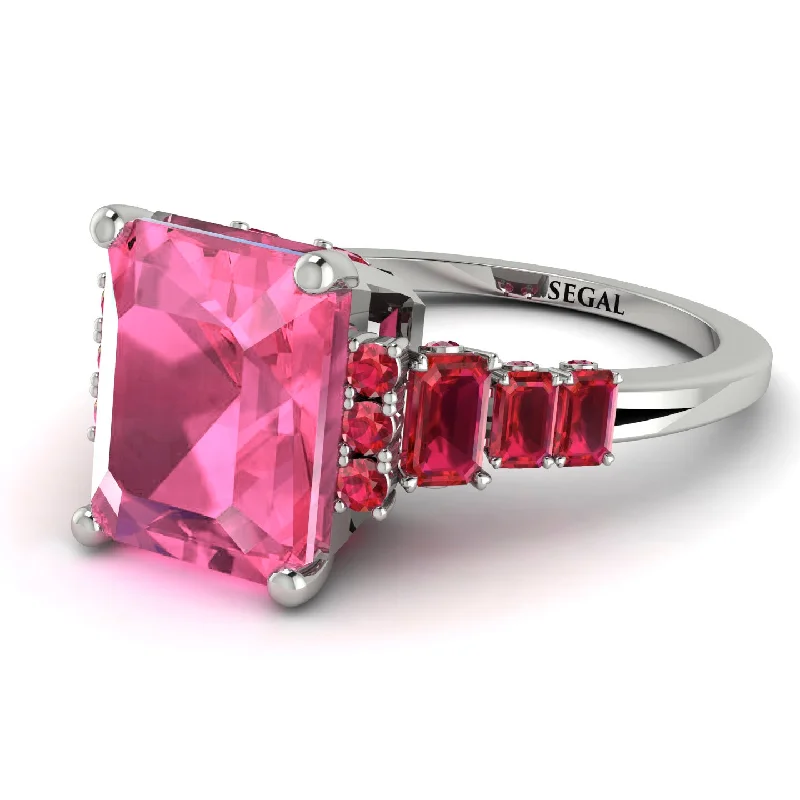 Emerald Cut Pink Moissanite Ring Hidden Round Diamonds - Sawyer No. 812