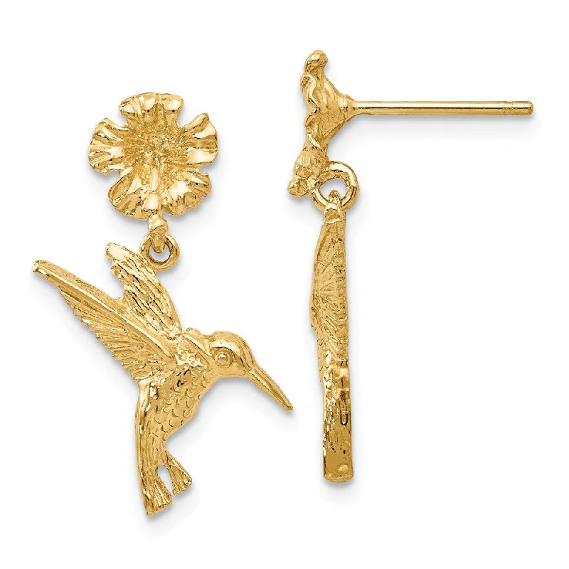 Swarovski Crystal Earrings-Hummingbird and Flower Dangle Post Earrings in 14k Yellow Gold