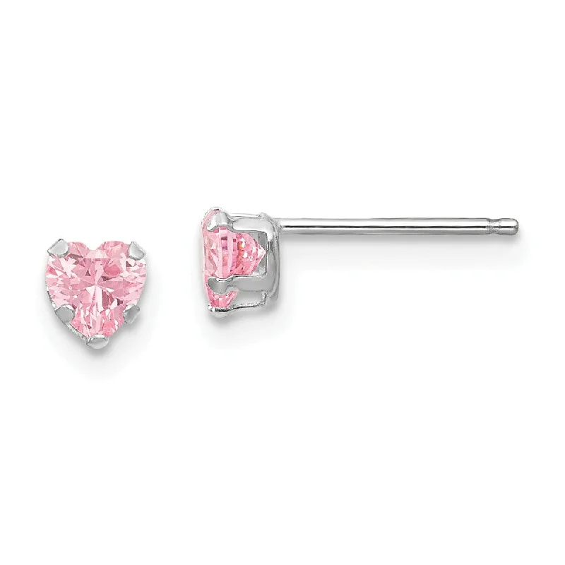 Stylish Silver Earrings-Kids 4mm Pink Cubic Zirconia Heart Post Earrings in 14k White Gold