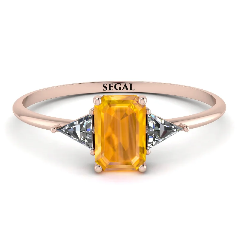 Emerald Cut Yellow Diamond With Triangles Ring - Remi No. 1002