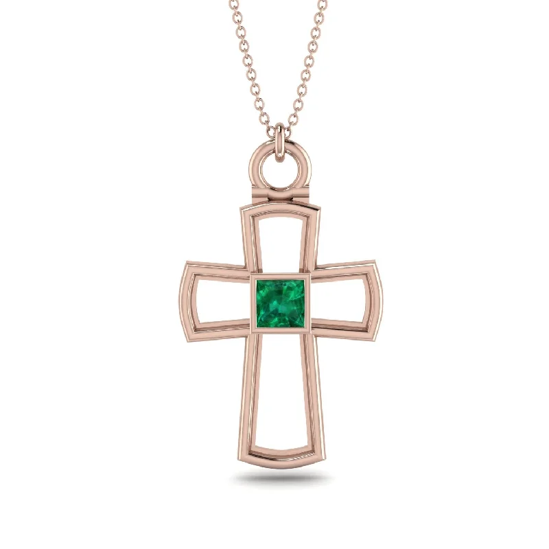 Round Gemstone Necklace-Minimalist Empty Emerald Cross Necklace - Cameron No. 5