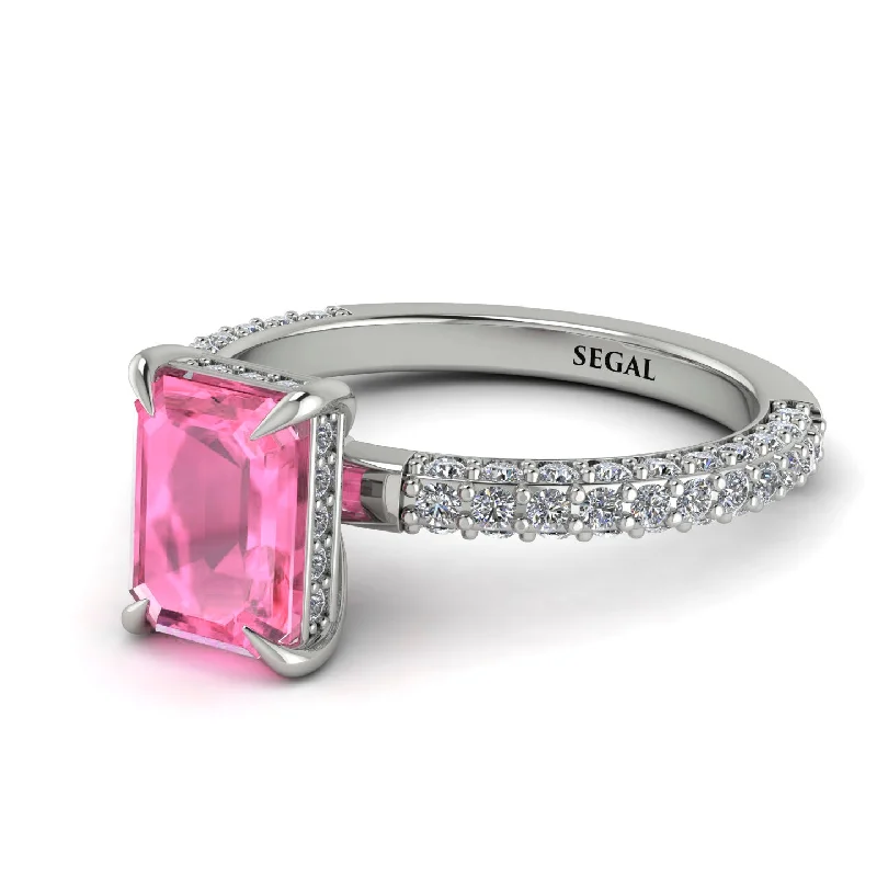 Hidden Halo Emerald Cut Pink Moissanite Engagement Ring - Ximena No. 803