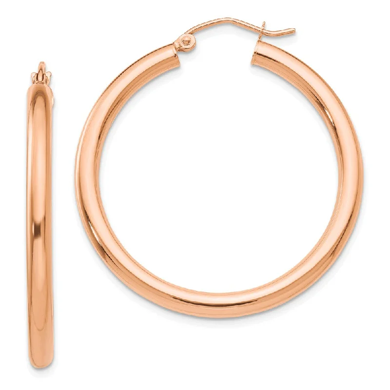 Simple Stud Earrings-3mm, 14k Rose Gold Polished Round Hoop Earrings, 35mm (1 3/8 Inch)