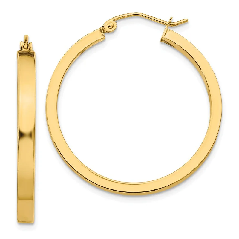 Handcrafted Wooden Earrings-Polished 14k Yellow Gold 2x3x30mm Square Tube Round Hoop Earrings