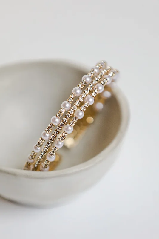 Custom Wedding Bangles-Molly Gold Rhinestone Pearl Bangle Bracelet