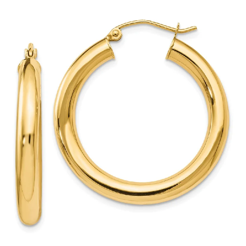 Minimalist Gold Earrings-4mm x 29mm (1 1/8 Inch) 14k Yellow Gold Classic Round Hoop Earrings