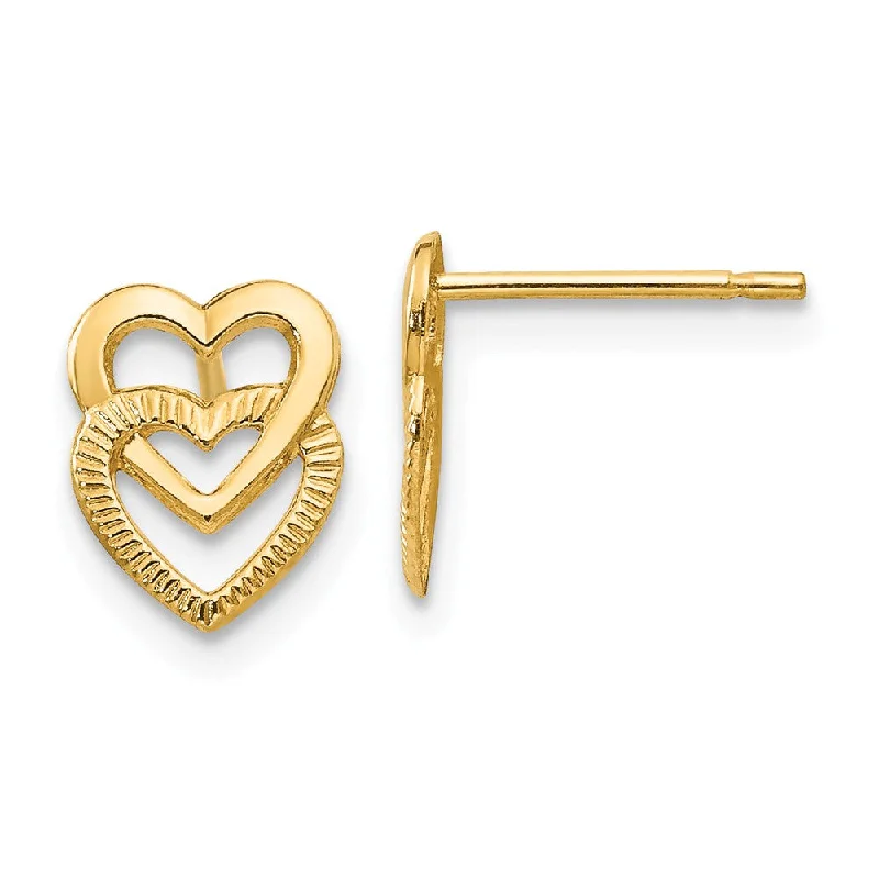 Trendy Pearl Earrings-Small Stacked Open Hearts Post Earring in 14k Yellow Gold