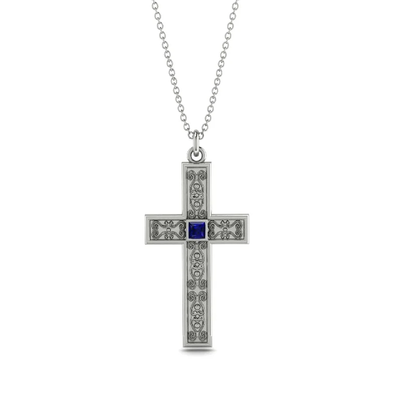 Statement Necklace for Bridesmaids-Ornamented Sapphire Cross Necklace - Adam No. 15