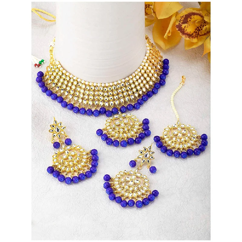 Adjustable Chain Necklace-Etnico 18K Gold Plated Traditional Kundan & Pearl Studded Choker Necklace Jewellery Set with Earrings & Maang Tikka For Women (K7058Bl)