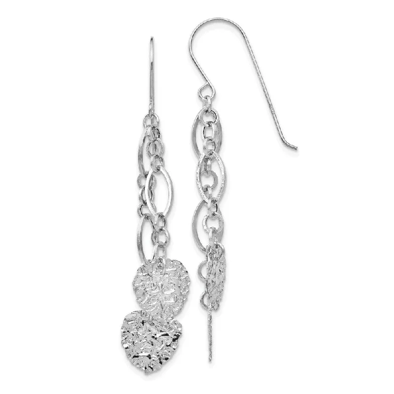 Unique Boho Earrings-Double Hammered Heart and Chain Dangle Earrings in 14k White Gold