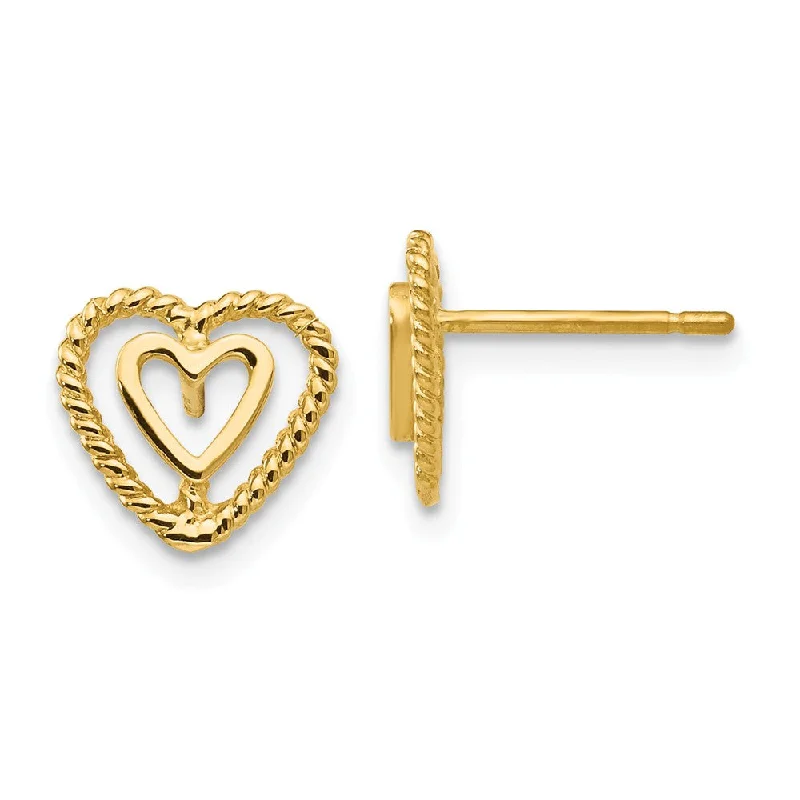 Petite Gold Earrings-9mm Double Open Heart Post Earrings in 14k Yellow Gold