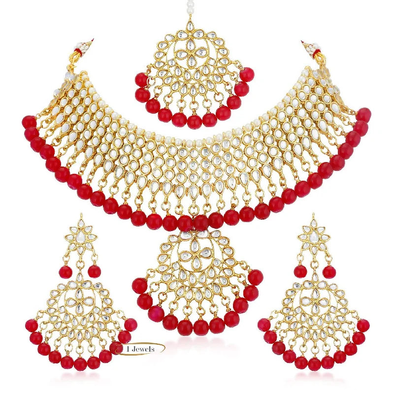 Gold Heart Necklace-Etnico 18K Gold Plated Traditional Kundan & Pearl Studded Choker Necklace Jewellery Set with Earrings & Maang Tikka For Women (K7058R)