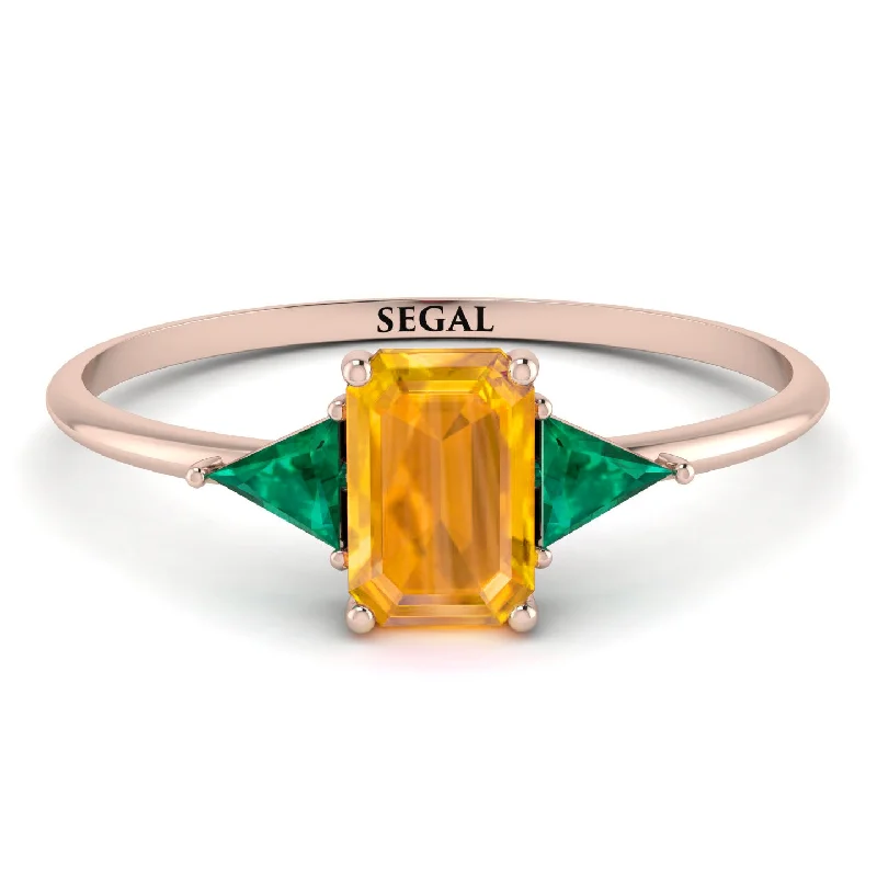 Emerald Cut Yellow Diamond With Triangles Ring - Remi No. 1005