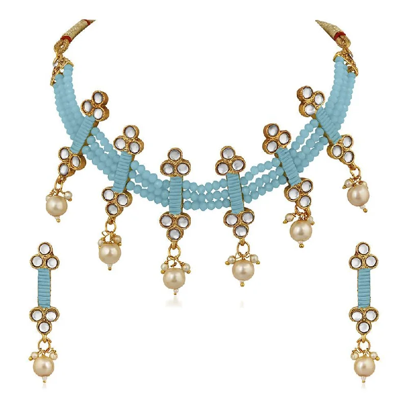 Gold Pendant Necklace for Women-Mahi Traditional Floral Kundan & Blue Beads Layered Choker Necklace Jewellery Set for Women (VNCJ100261BLU)