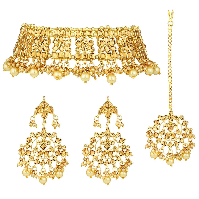 Trendy Chain Necklace-Etnico Gold Plated Traditional Kundan & Pearl Studded Choker Necklace Jewellery Set with Earrings & Maang Tikka For Women (K7069FL)