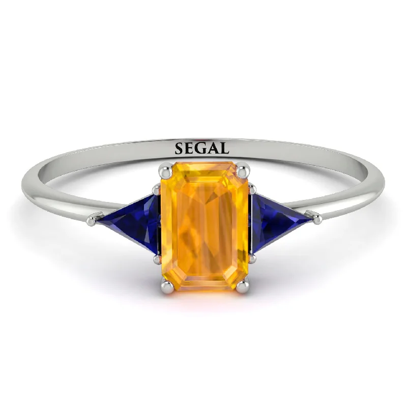 Emerald Cut Yellow Diamond With Triangles Ring - Remi No. 1015