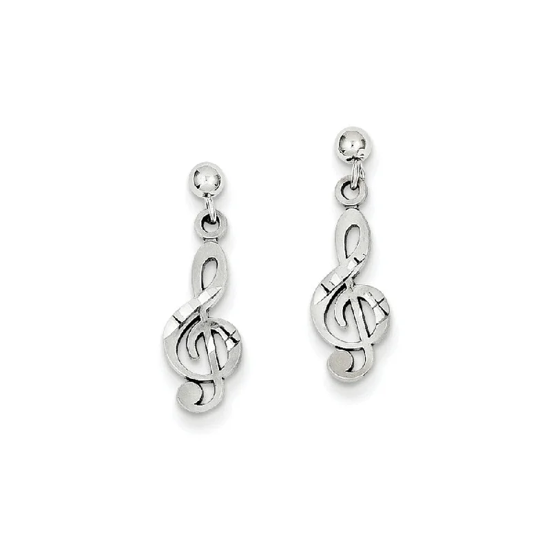 Stylish Silver Earrings-Satin and Polished Treble Clef Dangle Post Earrings in 14k White Gold