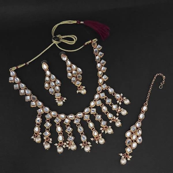 Unique Chain Necklace-Amina Creation Gold Plated White Kundan And Pearl Necklace Set With Maang Tikka - 1107981