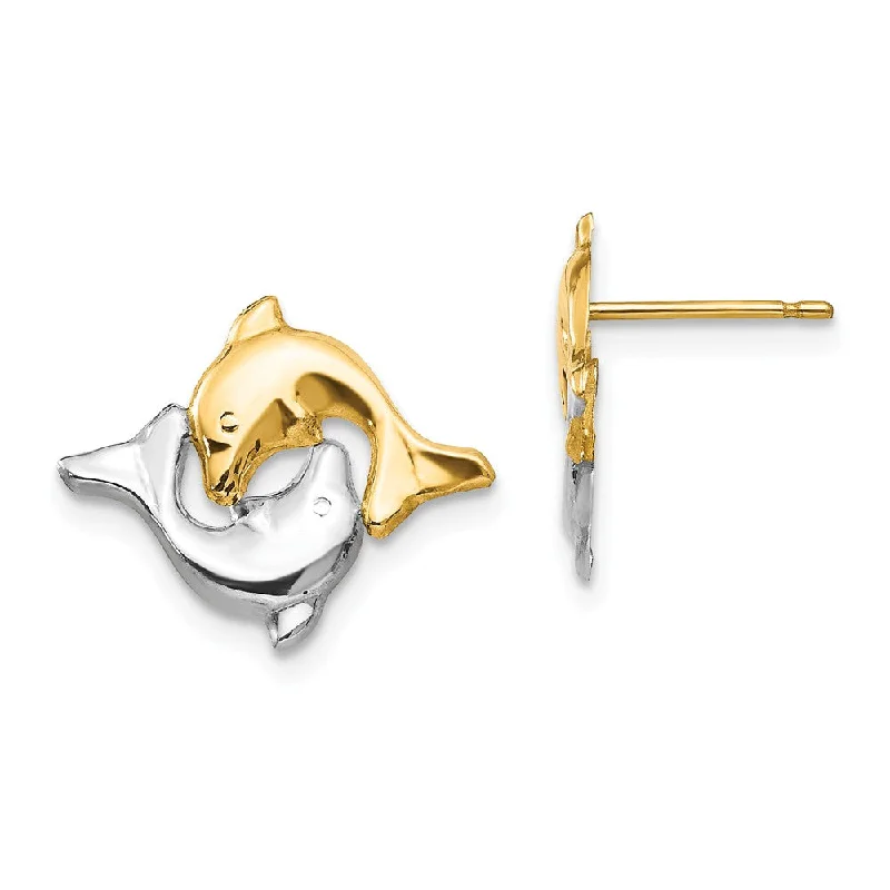 Elegant Sapphire Earrings-Two-Tone Frolicking Dolphins Post Earrings in 14k Gold and Rhodium