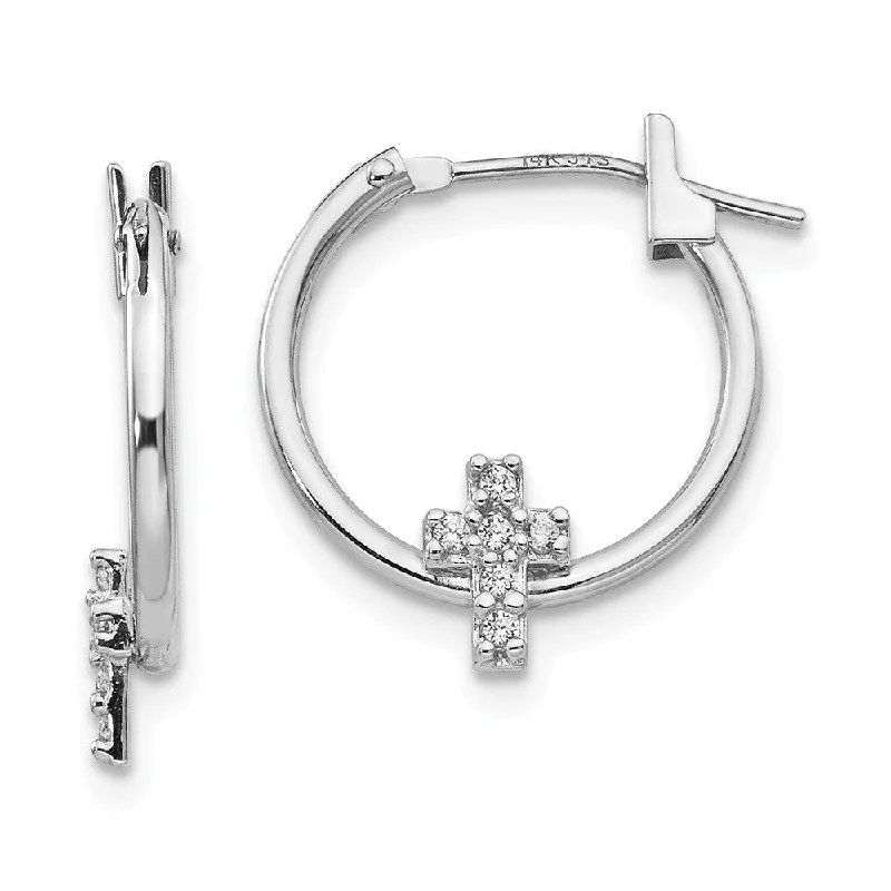 Customizable Hoop Earrings-Children's 14k White Gold & CZ 13mm Cross Hinged Post Hoop Earrings