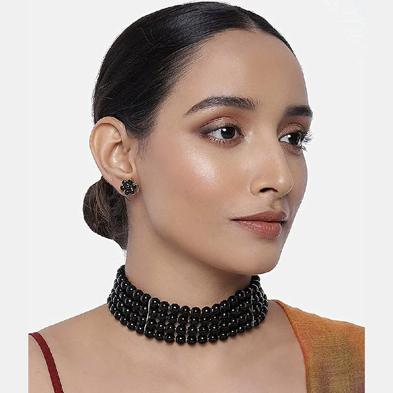 Handcrafted Silver Necklace-Etnico 18k Gold Plated Traditional Black Pearl Beaded Stylish Moti Choker Necklace Jewellery Set with Stud Earrings for women (ML286B)