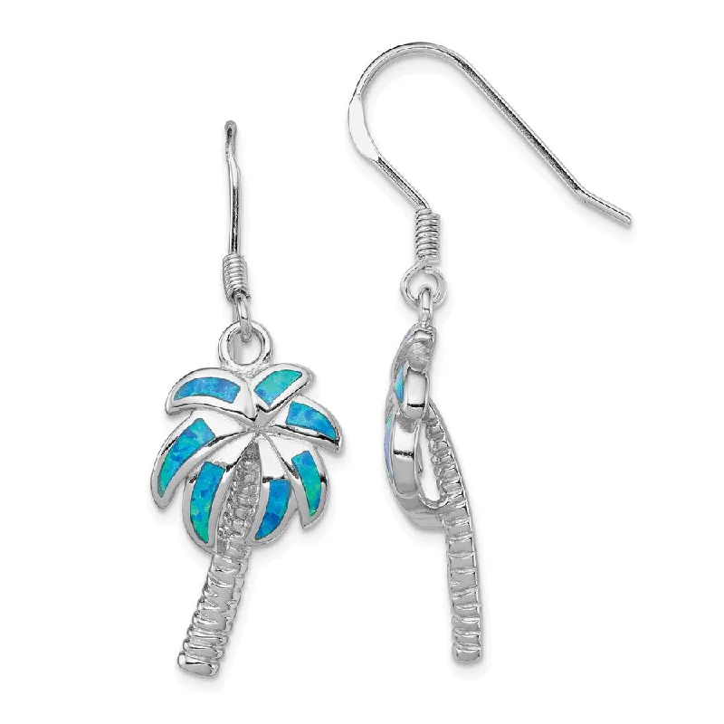 Statement Chandelier Earrings-Created Blue Opal Inlay Palm Tree Dangle Earrings in Sterling Silver