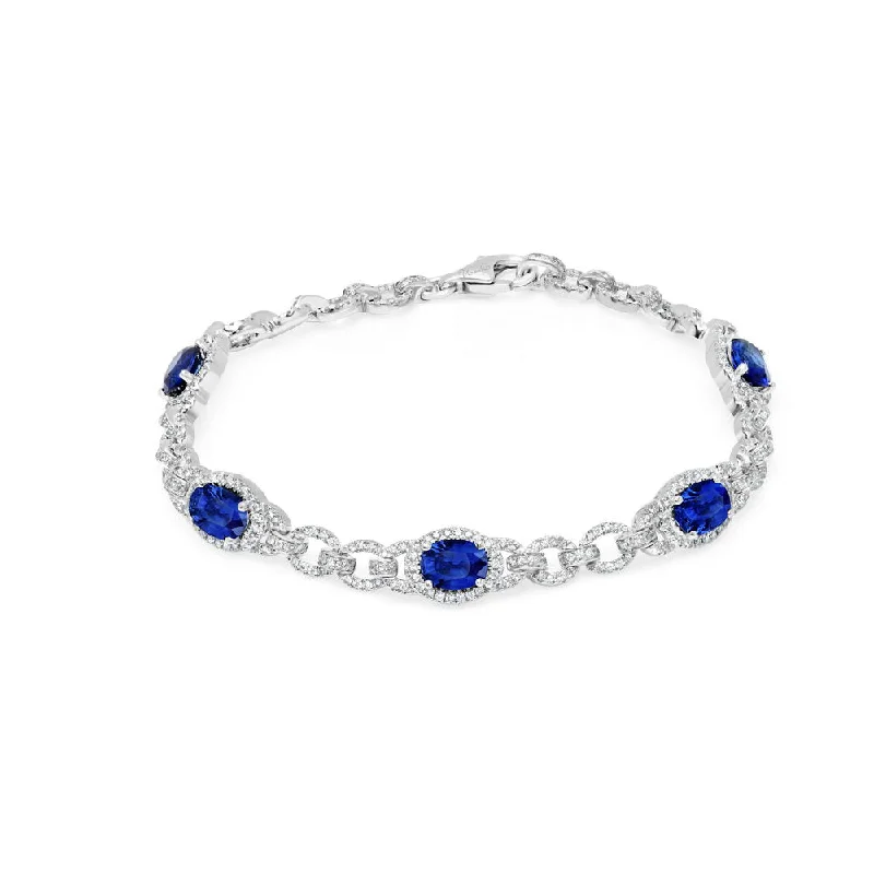 Custom Diamond Tennis Bracelets-Uneek Precious Collection Halo Oval Shaped Blue Sapphire Bracelet