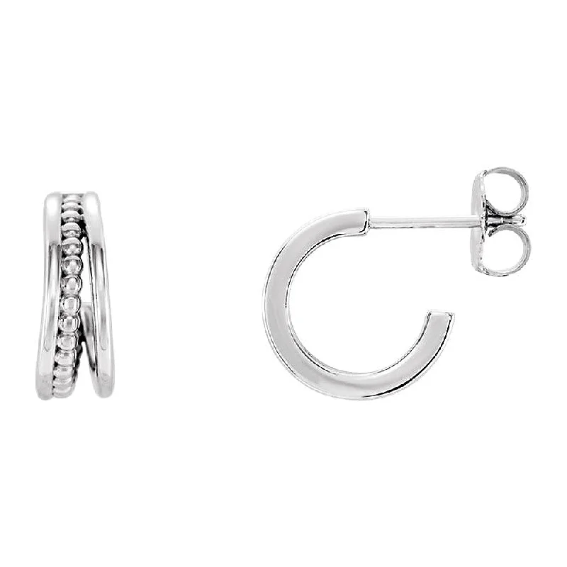 Casual Silver Earrings-4.3 x 12mm (7/16 Inch) 14k White Gold Small Beaded J-Hoop Earrings