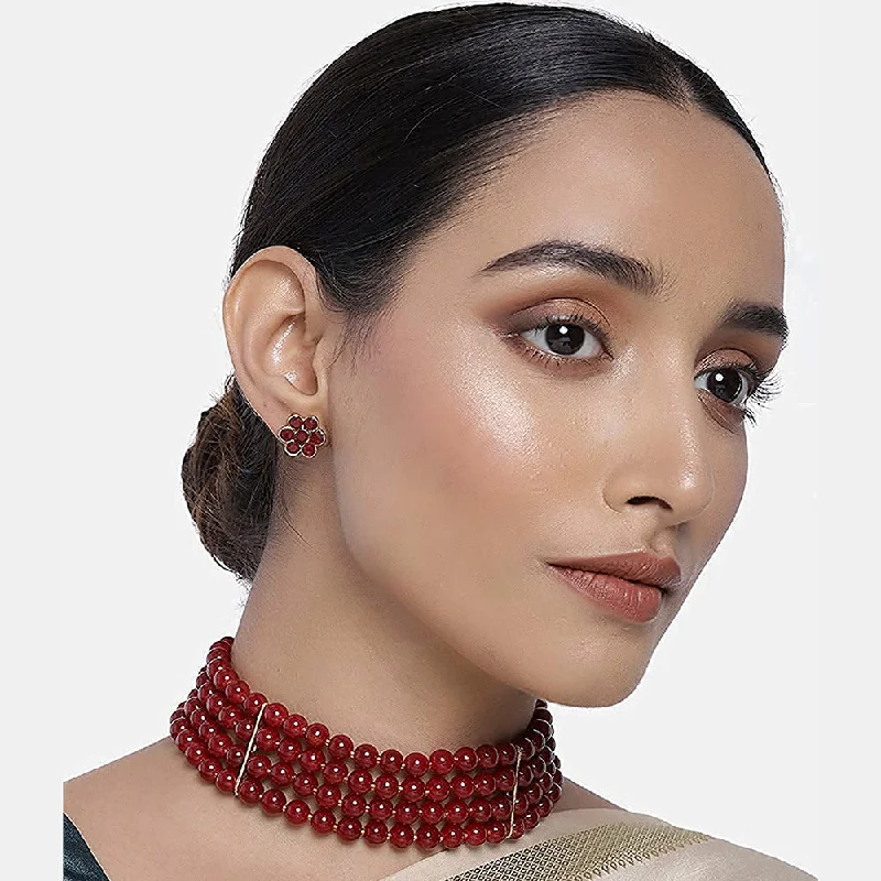 Layered Pendant Necklace-Etnico 18k Gold Plated Traditional Maroon Pearl Beaded Stylish Moti Choker Necklace Jewellery Set with Stud Earrings for women (ML286M)