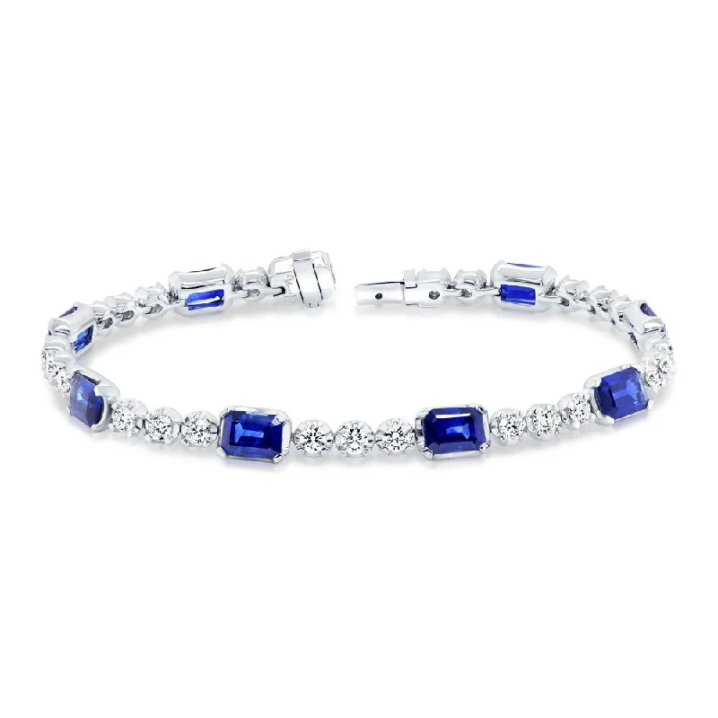 Minimalist Silver Bracelets-Uneek Precious Collection Strand Emerald Cut Blue Sapphire Link Bracelet