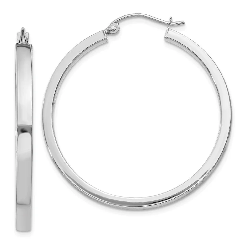 Chic Hoop Earrings-3mm, 14k White Gold Polished Rectangle Tube Hoops, 35mm (1 3/8 Inch)