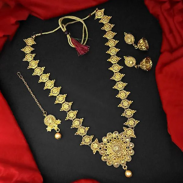 Chunky Gold Necklace-Kriaa Gold Plated Brown Austrian Stone And Kundan Haram Necklace Set With Maang Tikka  - 1109874