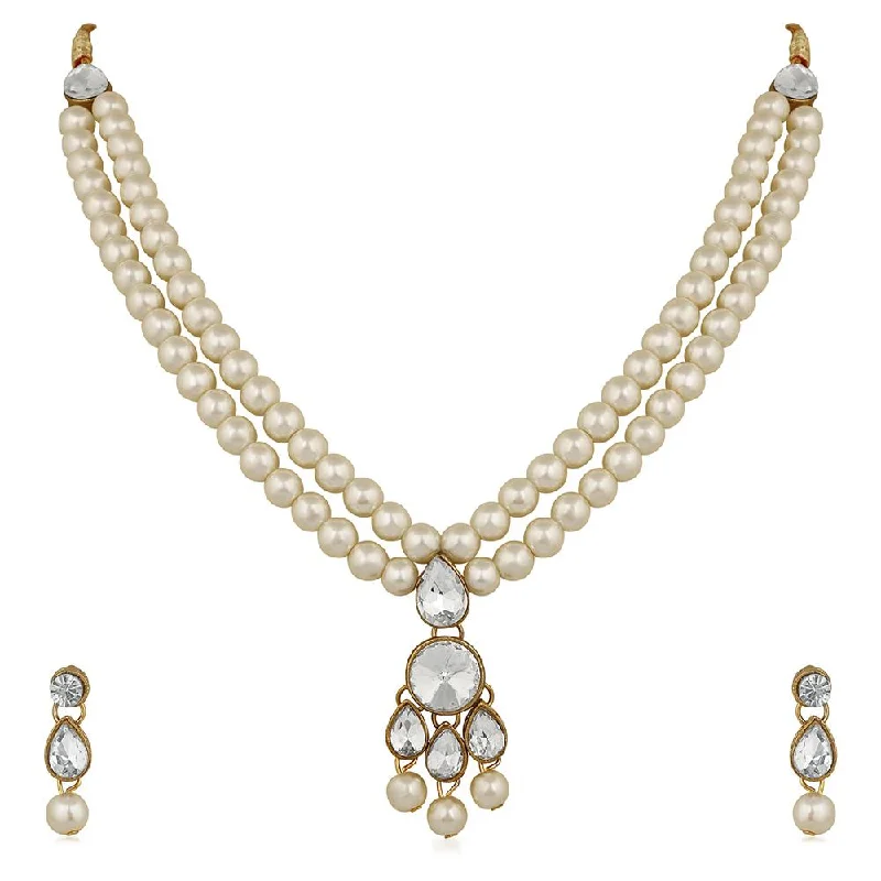 Handcrafted Pendant Necklace-Mahi Traditional Jewellery Kundan and Artificial Pearl Layered Necklace Set with Earrings for Women (VNCJ100254WHT)