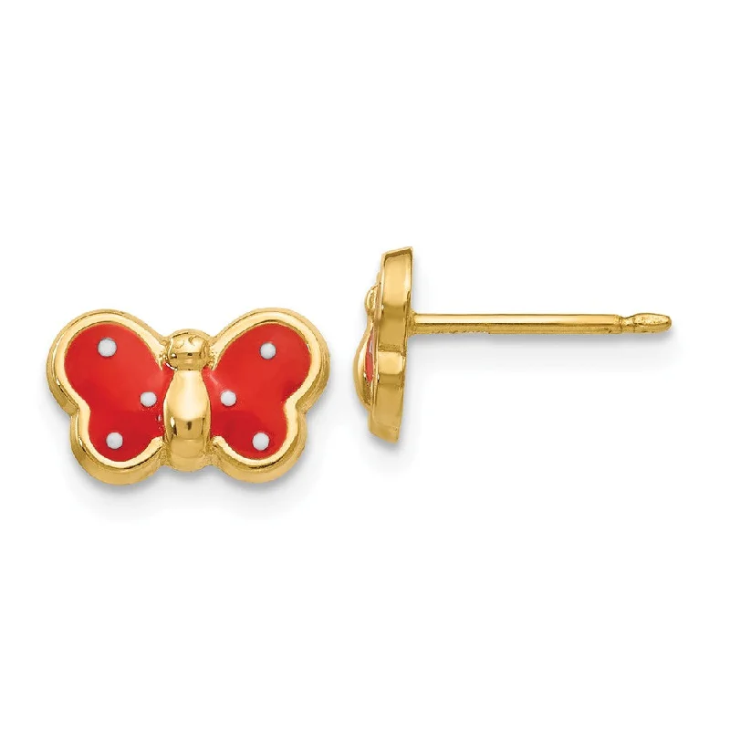 Unique Silver Earrings-Kids 10mm Red Butterfly Post Earrings in 14k Yellow Gold and Enamel