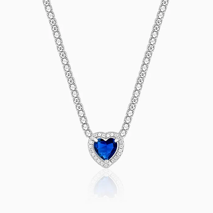 Sterling Silver Heart Necklace-Silver Solitaire Blue Heart Necklace