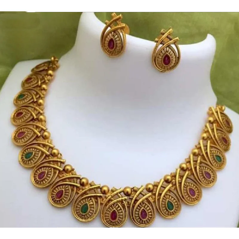 Multi-Colored Stone Necklace-India Art Gold Plated Pink & Green Pota Stone Choker Necklace Set