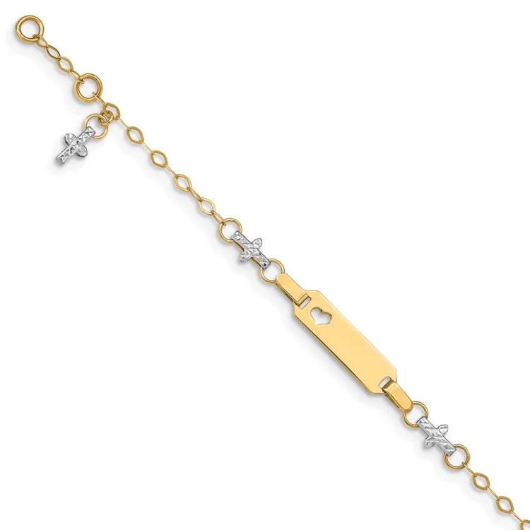 Elegant Gold Bracelets-14k Two-tone Baby Polished and Textured Cross w/1in ext. ID Bracelet