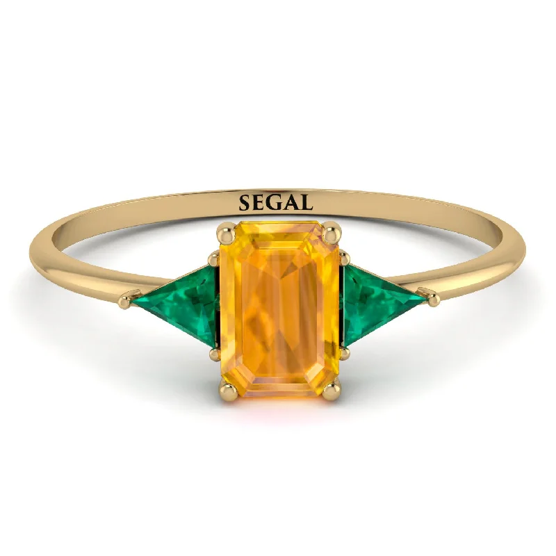 Emerald Cut Yellow Diamond With Triangles Ring - Remi No. 1004