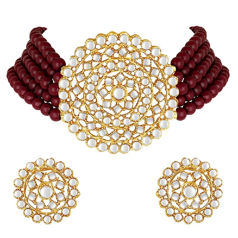 Art Deco Necklace-Etnico 18K Gold Plated Traditional Ruby Beaded Choker Set Glided with Kundan Work for Women/Girls (K239M)